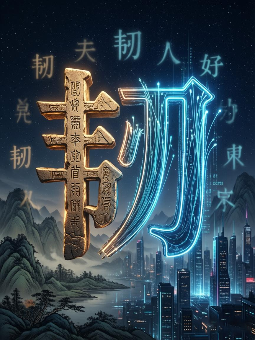 A large Chinese character blending ancient stone texture and futuristic neon data streams, symbolizing the fusion of tradition and modernity in Chinese culture.